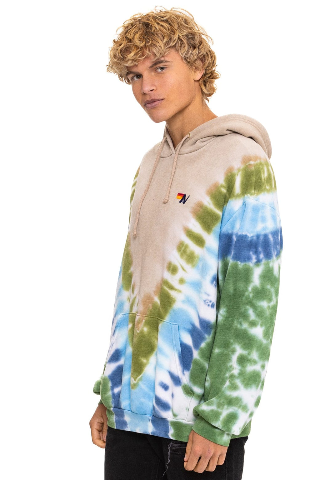 Classic HAND DYED V RELAXED PULLOVER HOODIE - TIE DYE SAND BLUE GREEN