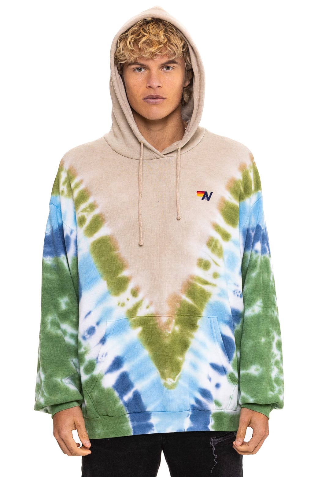 Classic HAND DYED V RELAXED PULLOVER HOODIE - TIE DYE SAND BLUE GREEN