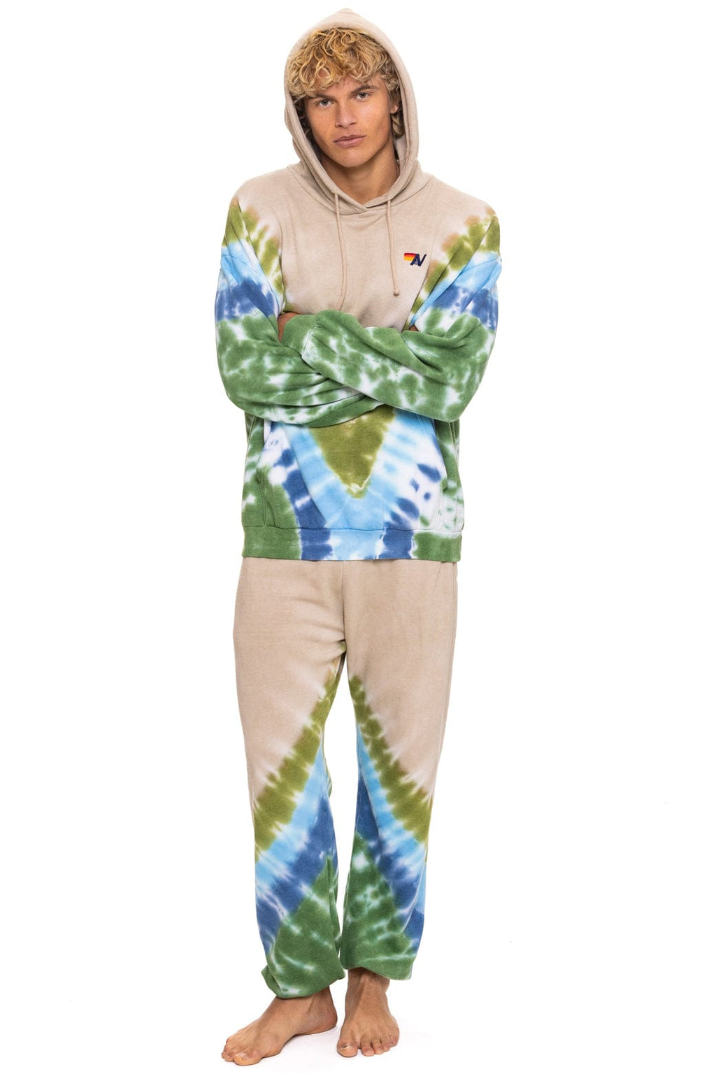 Classic HAND DYED V RELAXED PULLOVER HOODIE - TIE DYE SAND BLUE GREEN
