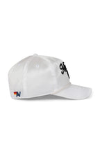 Classic MEMBERS EXCLUSIVE VINTAGE SATIN SCRIPT TRUCKER HAT - WHITE BLACK