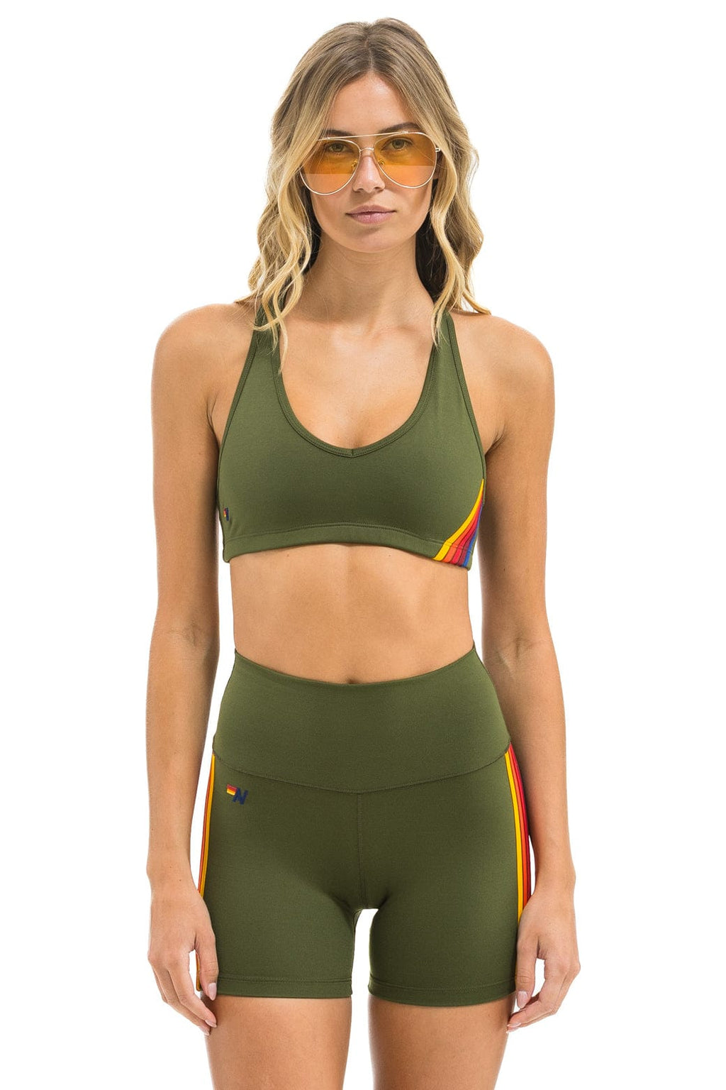 Classic 5 STRIPE RAINBOW 4 INCH HI-RISE BIKER SHORT - LEAF