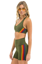 Classic 5 STRIPE RAINBOW 4 INCH HI-RISE BIKER SHORT - LEAF