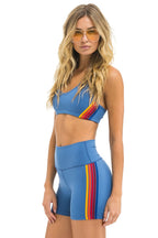 Classic 5 STRIPE RAINBOW 4 INCH HI-RISE BIKER SHORT - DUSTY BLUE