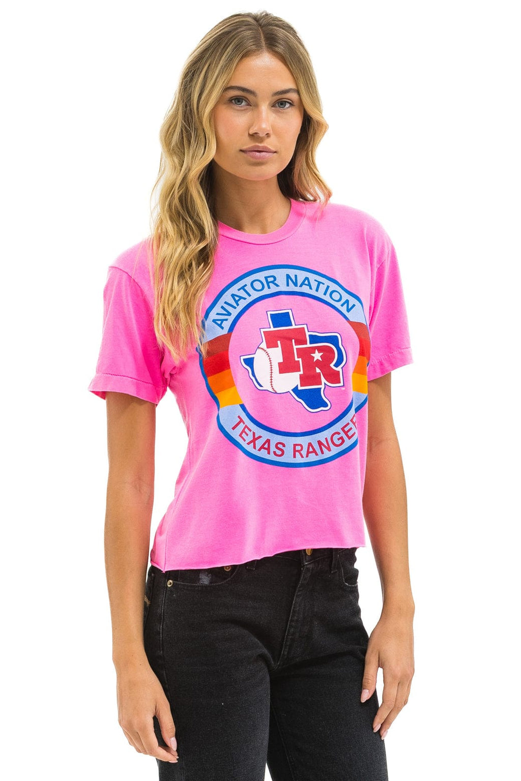 Classic TEXAS RANGERS AVIATOR NATION WOMENS BOYFRIEND TEE - NEON PINK