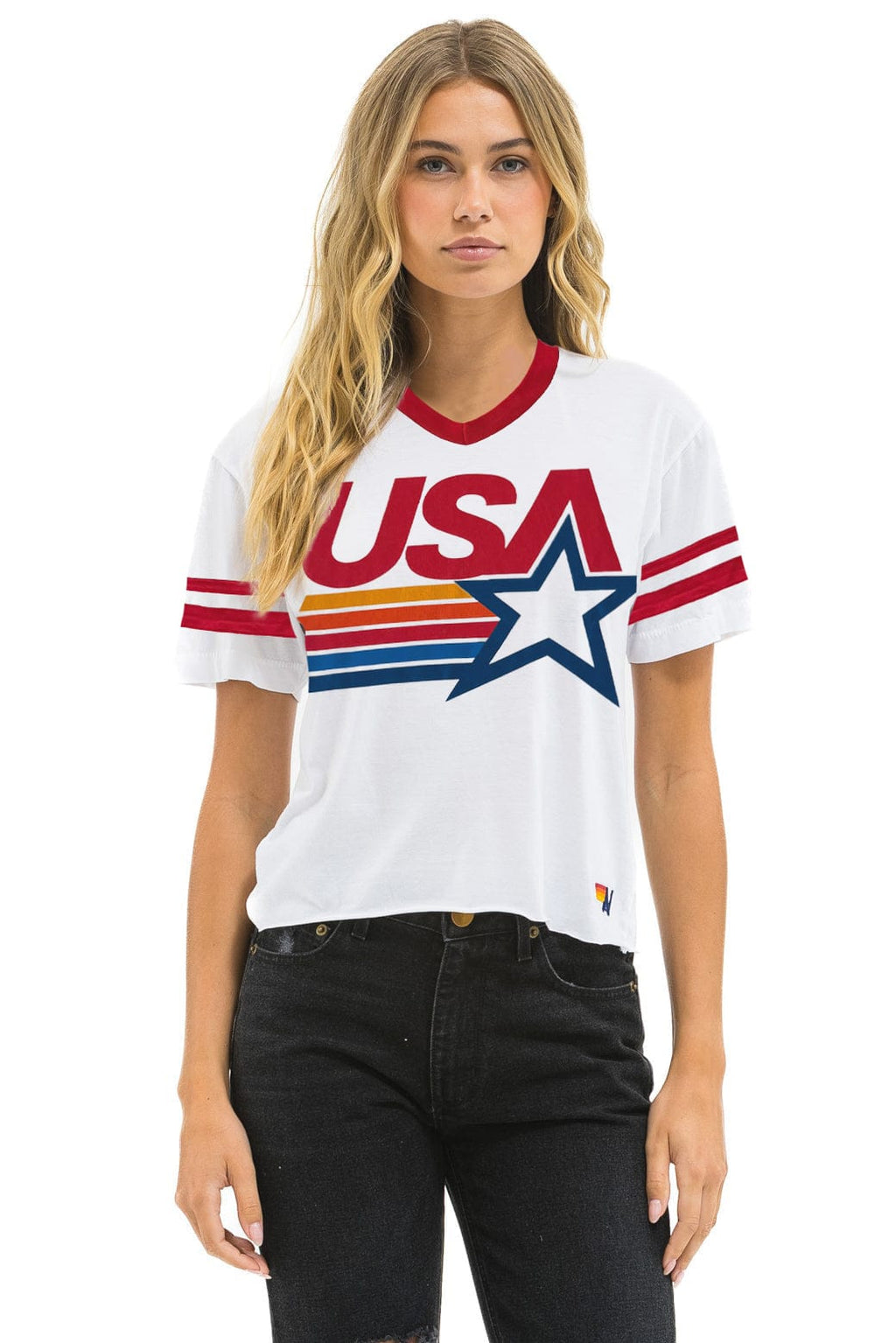 Classic USA STAR VNECK JERSEY BOYFRIEND TEE - WHITE RED