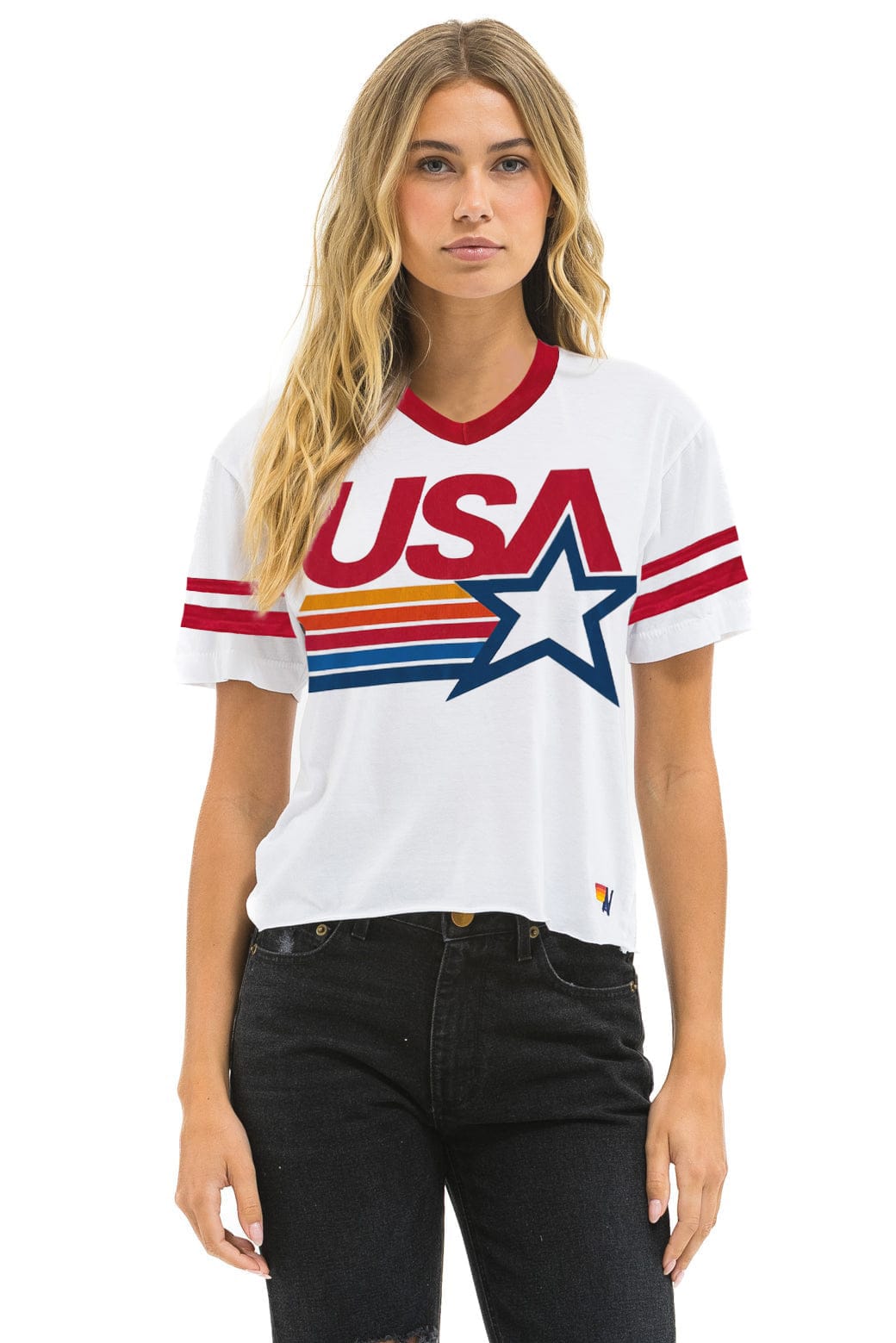 Classic USA STAR VNECK JERSEY BOYFRIEND TEE - WHITE RED