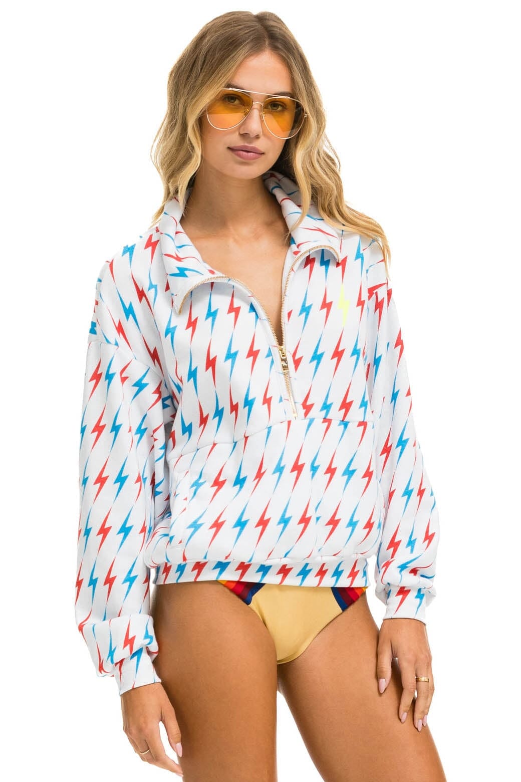 Classic AVIATOR BOLT W BOLT EMBROIDERY FLEECE HALF ZIP SWEATSHIRT - WHITE USA