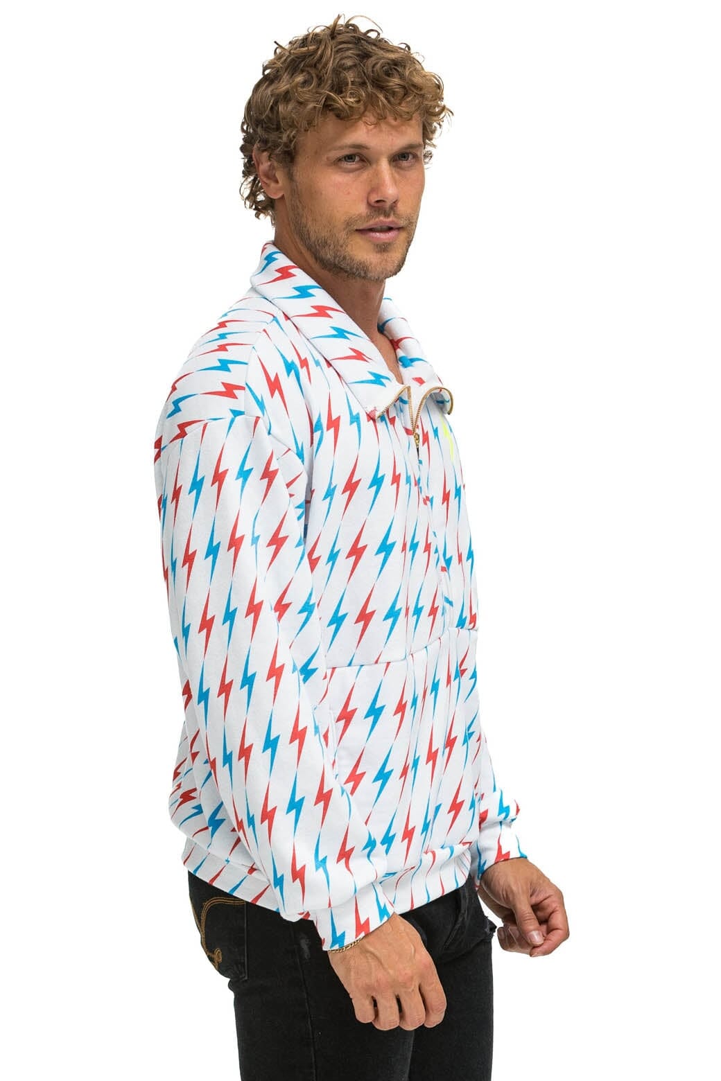 Classic AVIATOR BOLT W BOLT EMBROIDERY FLEECE HALF ZIP SWEATSHIRT - WHITE USA