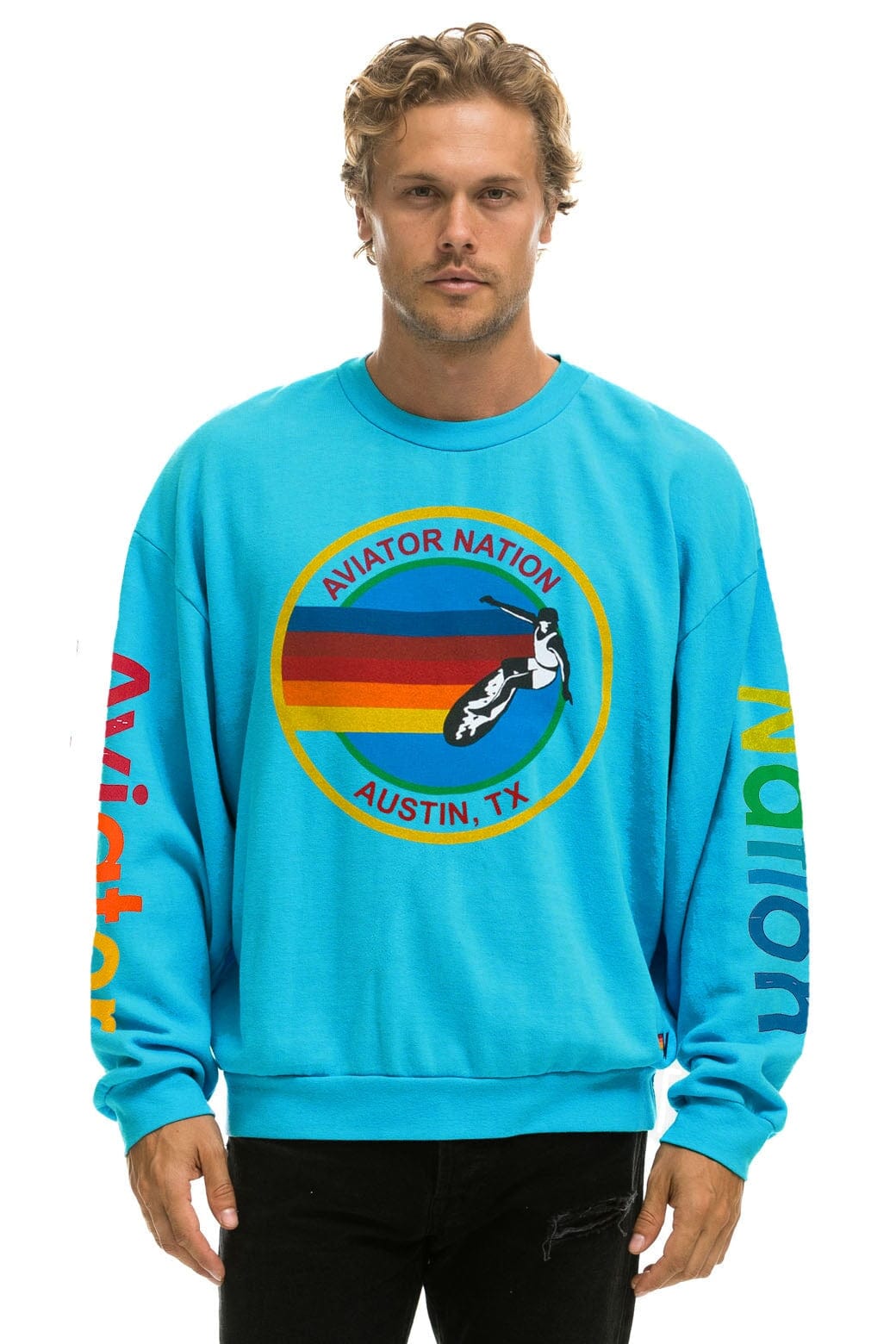 Classic AVIATOR NATION AUSTIN RELAXED CREW SWEATSHIRT - NEON BLUE