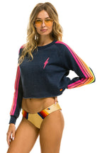 Classic BOLT EMBROIDERY CLASSIC CROPPED CREW SWEATSHIRT - HEATHER NAVY NEON STRIPES