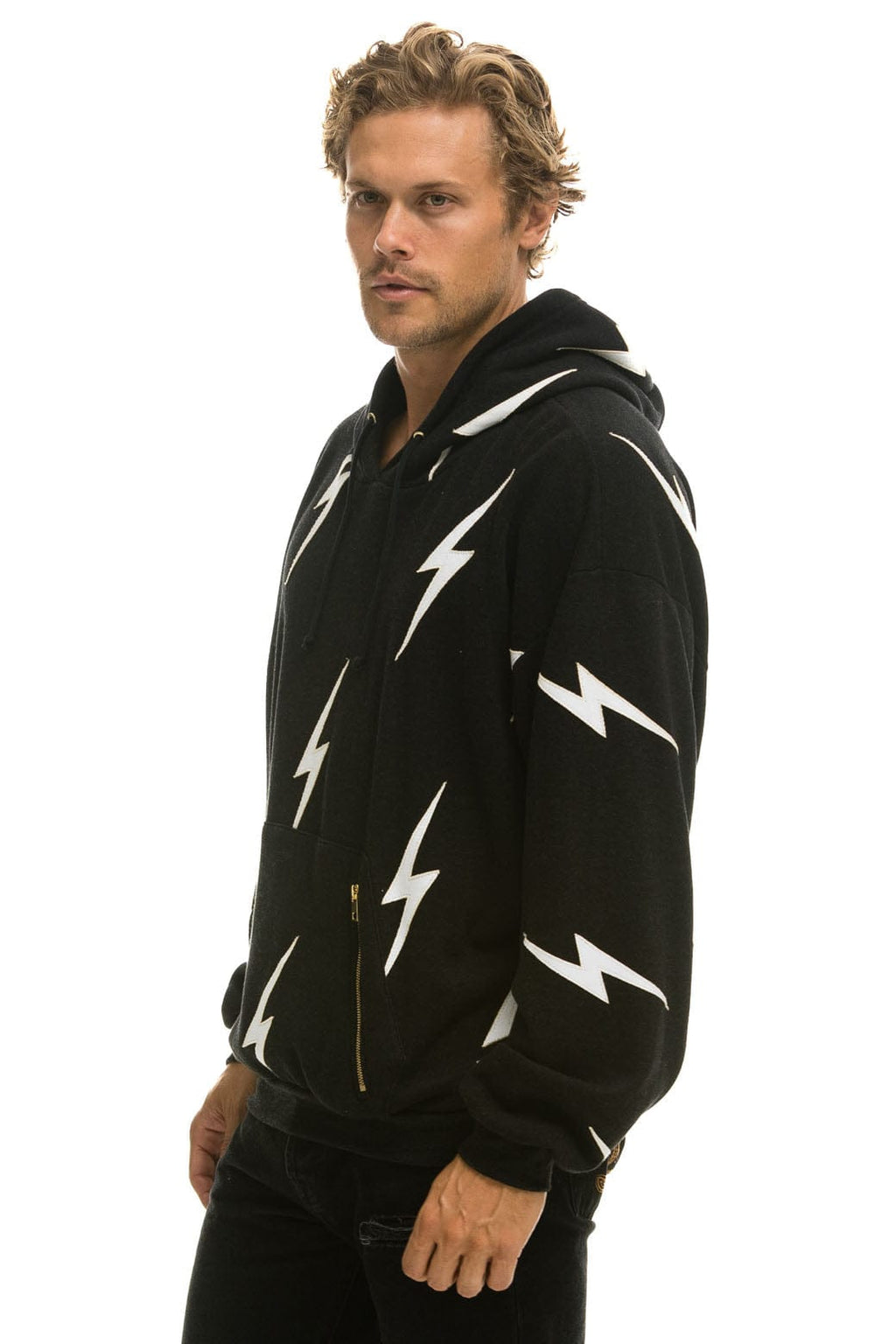 Classic BOLT STITCH REPEAT RELAXED PULLOVER HOODIE WITH POCKET ZIPPERS - BLACK WHITE