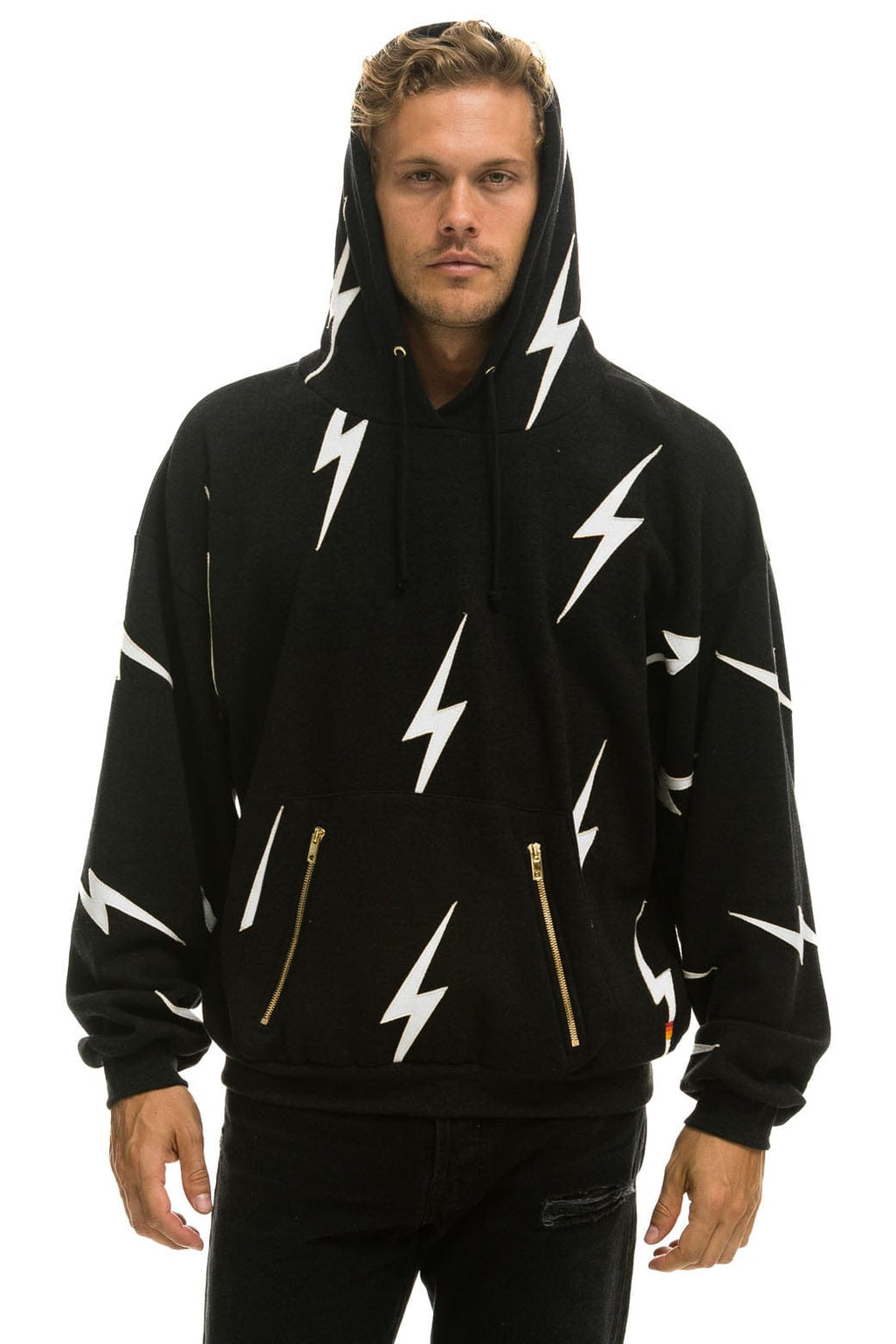 Classic BOLT STITCH REPEAT RELAXED PULLOVER HOODIE WITH POCKET ZIPPERS - BLACK WHITE