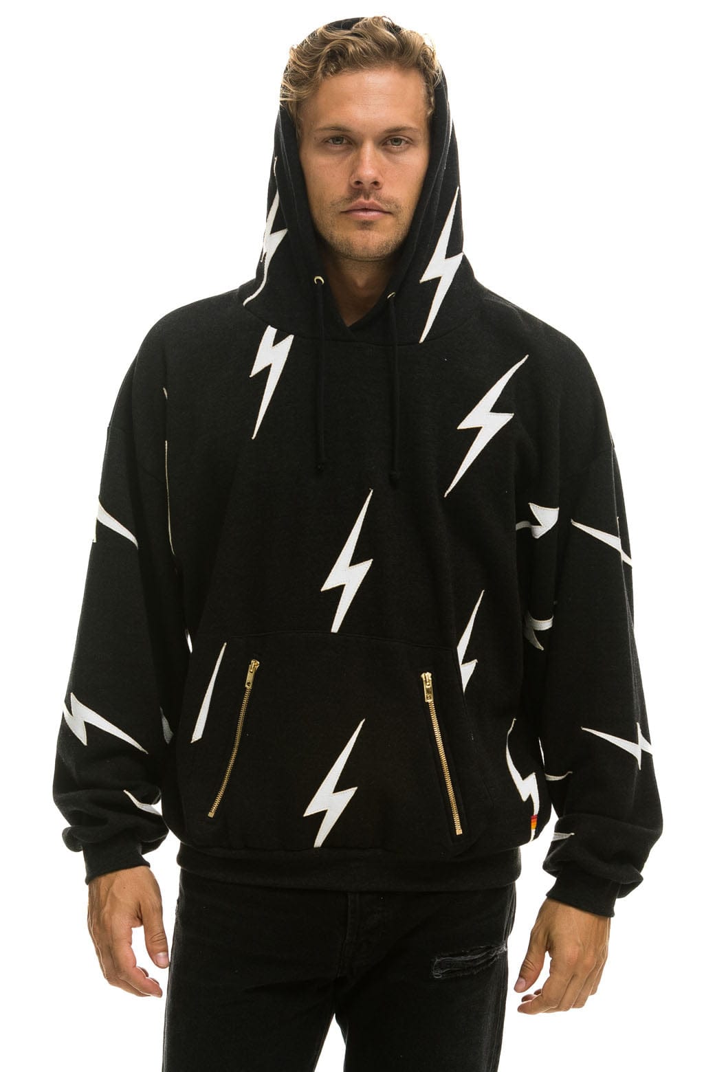 Classic BOLT STITCH REPEAT RELAXED PULLOVER HOODIE WITH POCKET ZIPPERS - BLACK WHITE