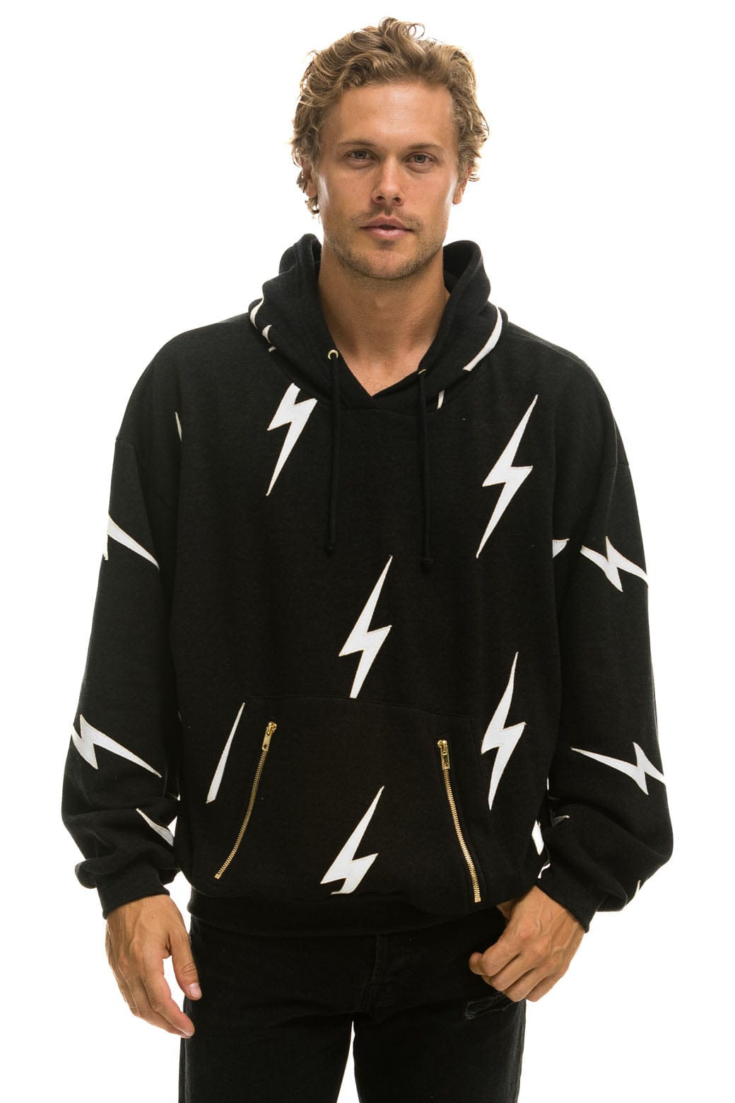 Classic BOLT STITCH REPEAT RELAXED PULLOVER HOODIE WITH POCKET ZIPPERS - BLACK WHITE