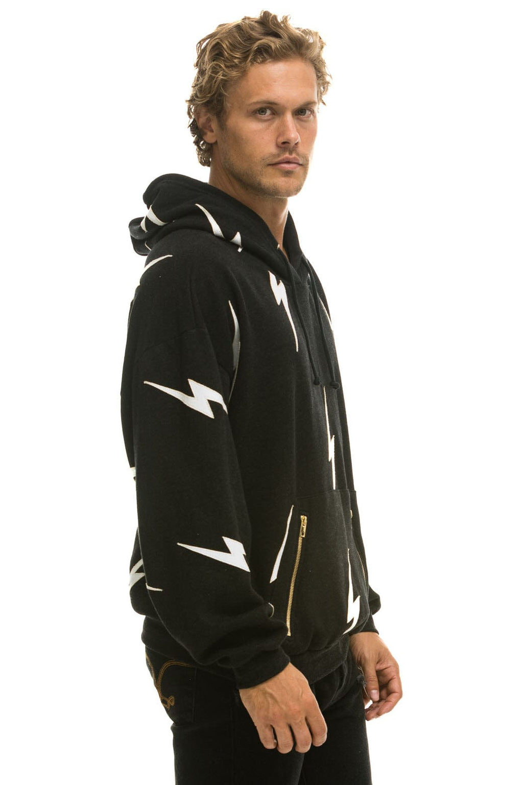 Classic BOLT STITCH REPEAT RELAXED PULLOVER HOODIE WITH POCKET ZIPPERS - BLACK WHITE