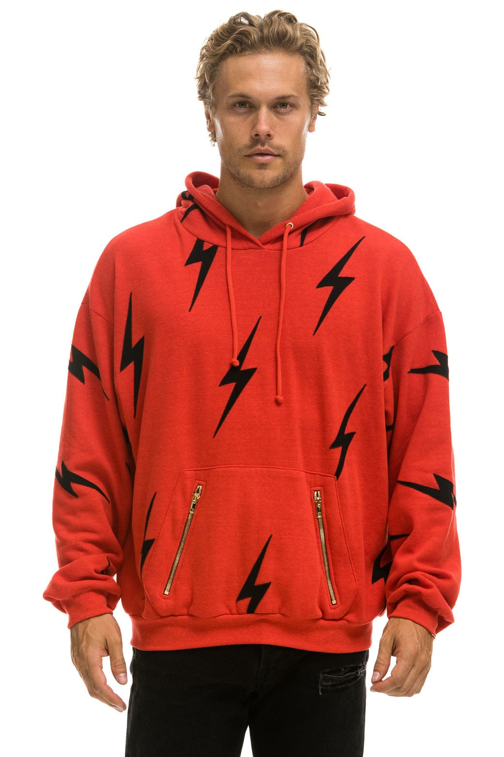 Classic BOLT STITCH REPEAT RELAXED PULLOVER HOODIE WITH POCKET ZIPPERS - RED BLACK
