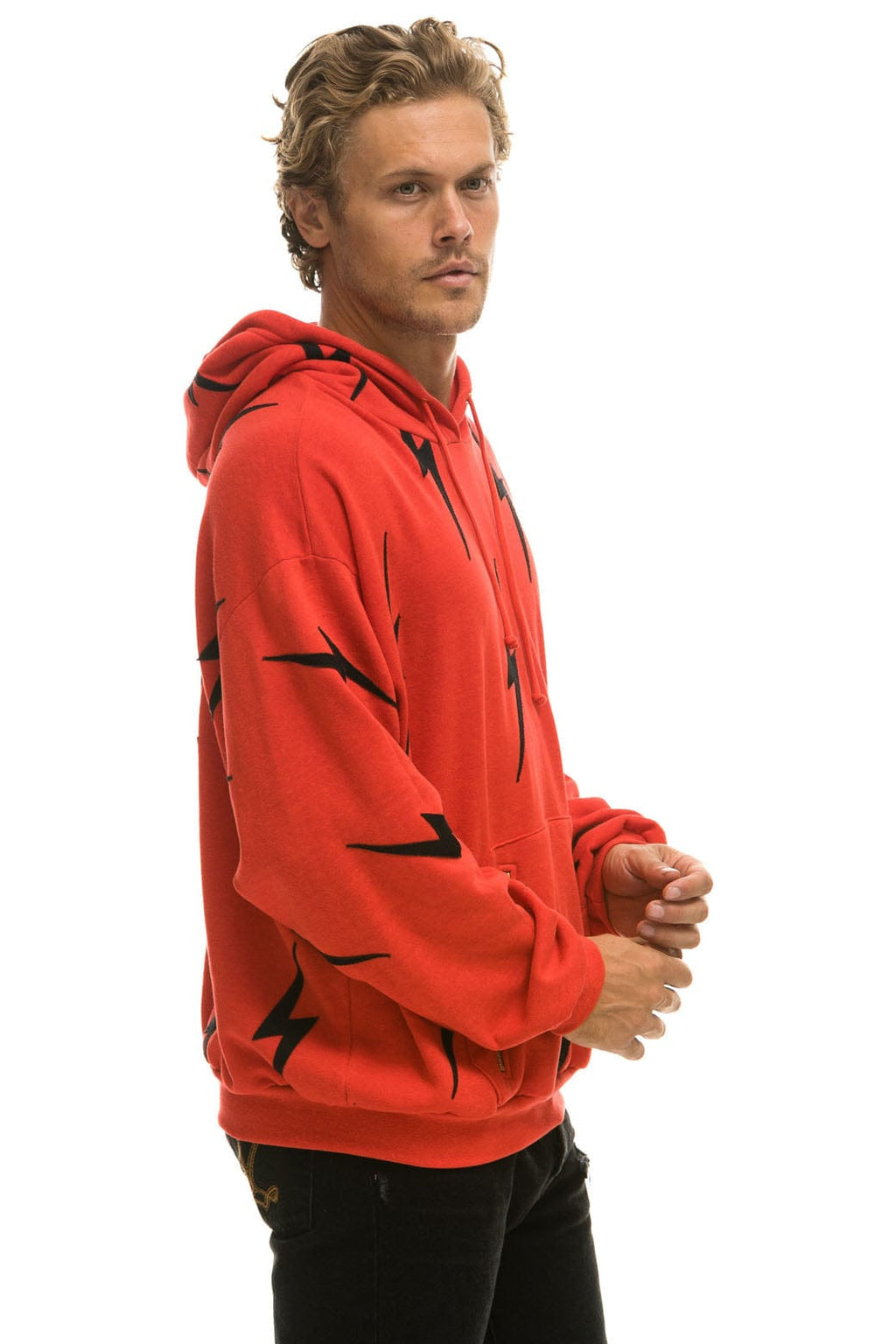Classic BOLT STITCH REPEAT RELAXED PULLOVER HOODIE WITH POCKET ZIPPERS - RED BLACK