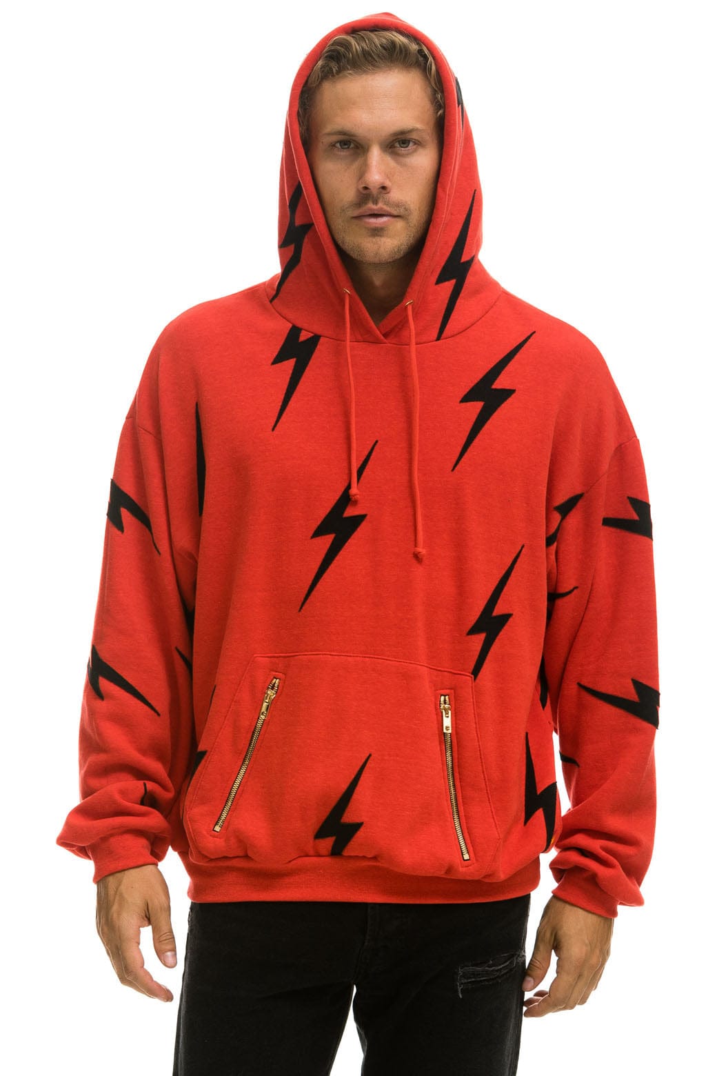 Classic BOLT STITCH REPEAT RELAXED PULLOVER HOODIE WITH POCKET ZIPPERS - RED BLACK