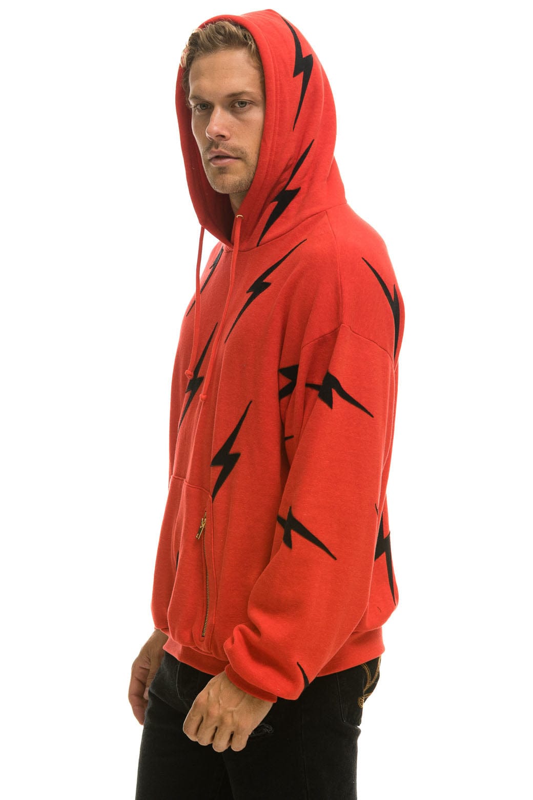 Classic BOLT STITCH REPEAT RELAXED PULLOVER HOODIE WITH POCKET ZIPPERS - RED BLACK