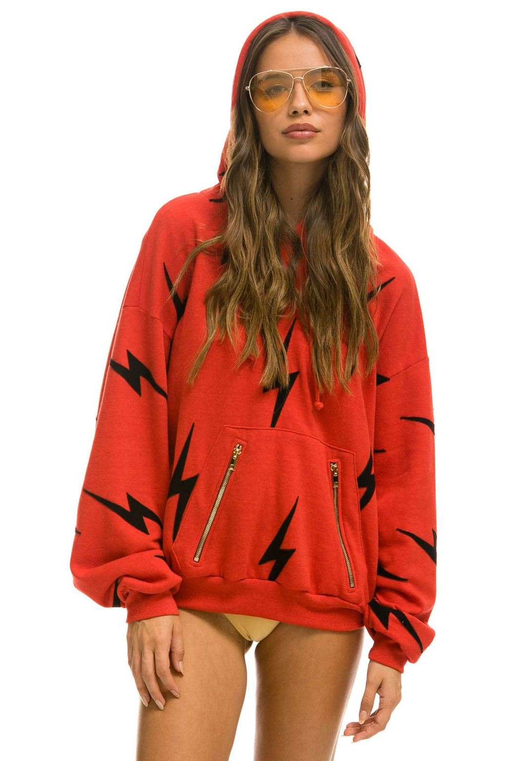 Classic BOLT STITCH REPEAT RELAXED PULLOVER HOODIE WITH POCKET ZIPPERS - RED BLACK