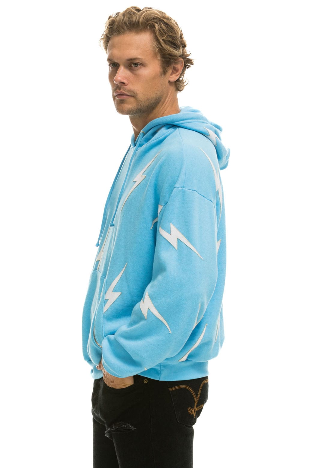 Classic BOLT STITCH REPEAT RELAXED PULLOVER HOODIE WITH POCKET ZIPPERS - SKY WHITE