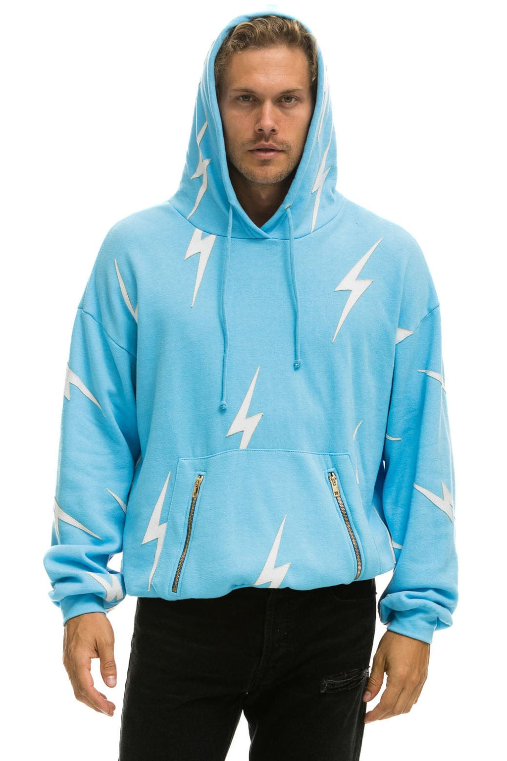 Classic BOLT STITCH REPEAT RELAXED PULLOVER HOODIE WITH POCKET ZIPPERS - SKY WHITE