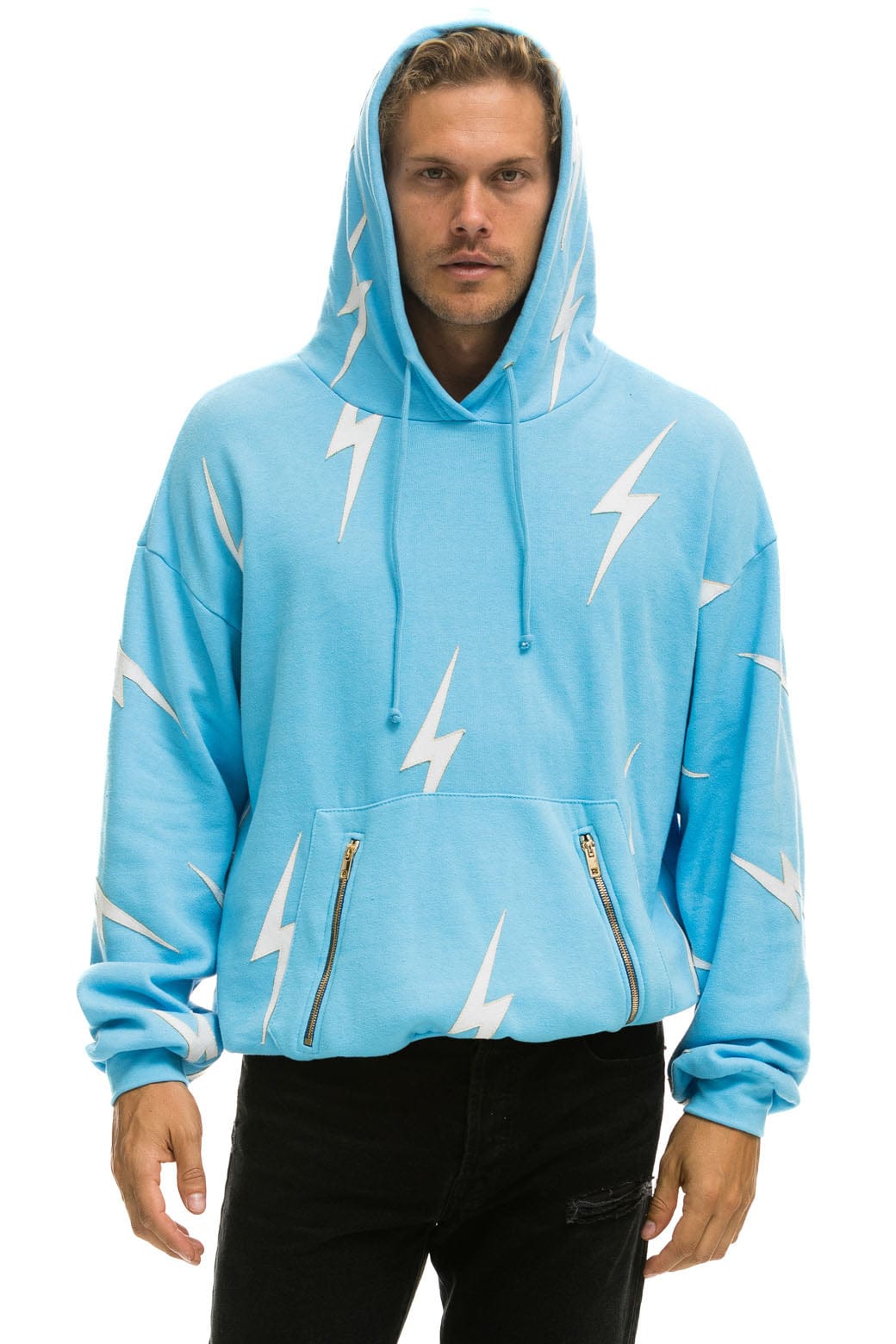 Classic BOLT STITCH REPEAT RELAXED PULLOVER HOODIE WITH POCKET ZIPPERS - SKY WHITE