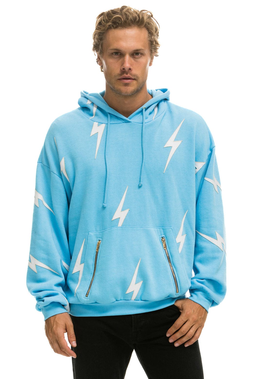Classic BOLT STITCH REPEAT RELAXED PULLOVER HOODIE WITH POCKET ZIPPERS - SKY WHITE