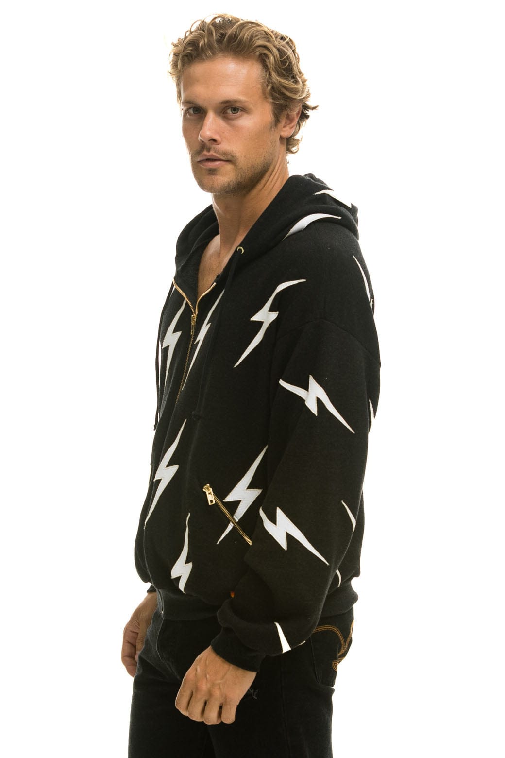 Classic BOLT STITCH REPEAT RELAXED ZIP HOODIE WITH POCKET ZIPPERS- BLACK WHITE