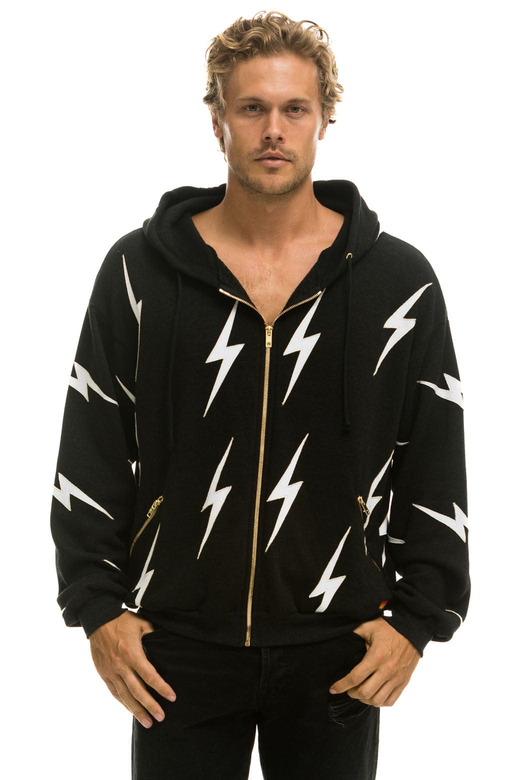 Classic BOLT STITCH REPEAT RELAXED ZIP HOODIE WITH POCKET ZIPPERS- BLACK WHITE