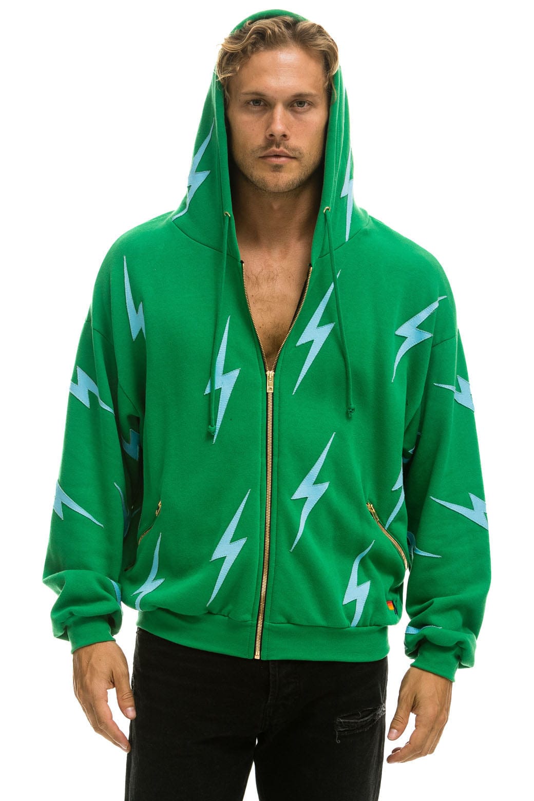 Classic BOLT STITCH REPEAT RELAXED ZIP HOODIE WITH POCKET ZIPPERS - KELLY GREEN BLUE