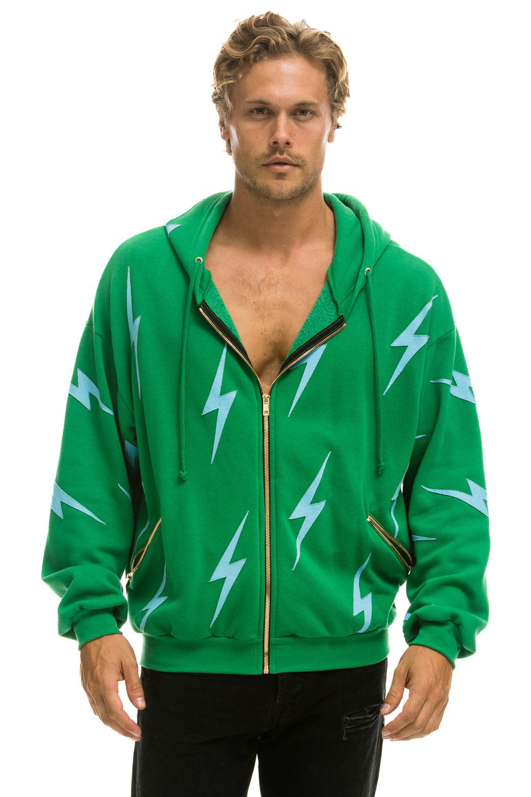 Classic BOLT STITCH REPEAT RELAXED ZIP HOODIE WITH POCKET ZIPPERS - KELLY GREEN BLUE