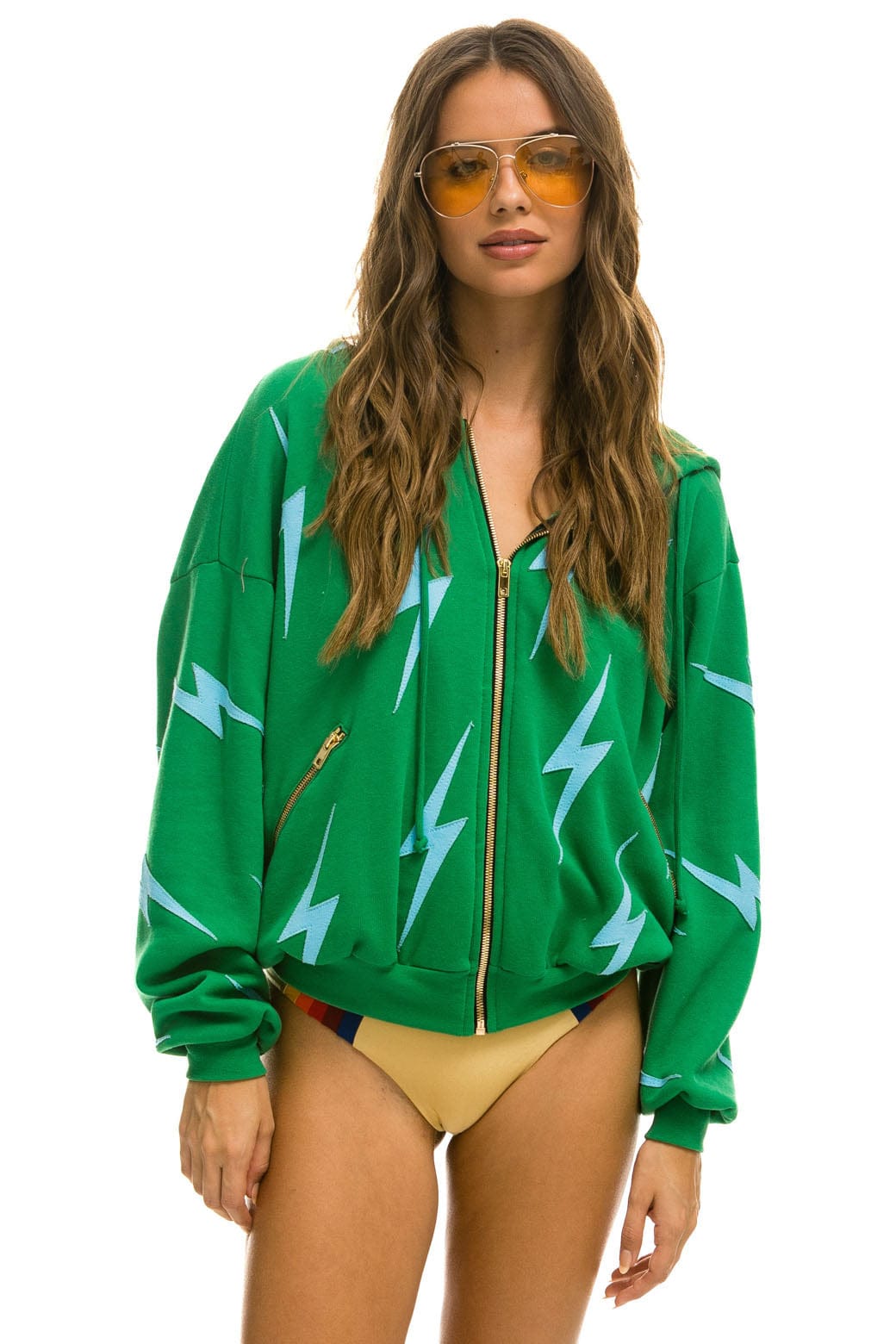 Classic BOLT STITCH REPEAT RELAXED ZIP HOODIE WITH POCKET ZIPPERS - KELLY GREEN BLUE