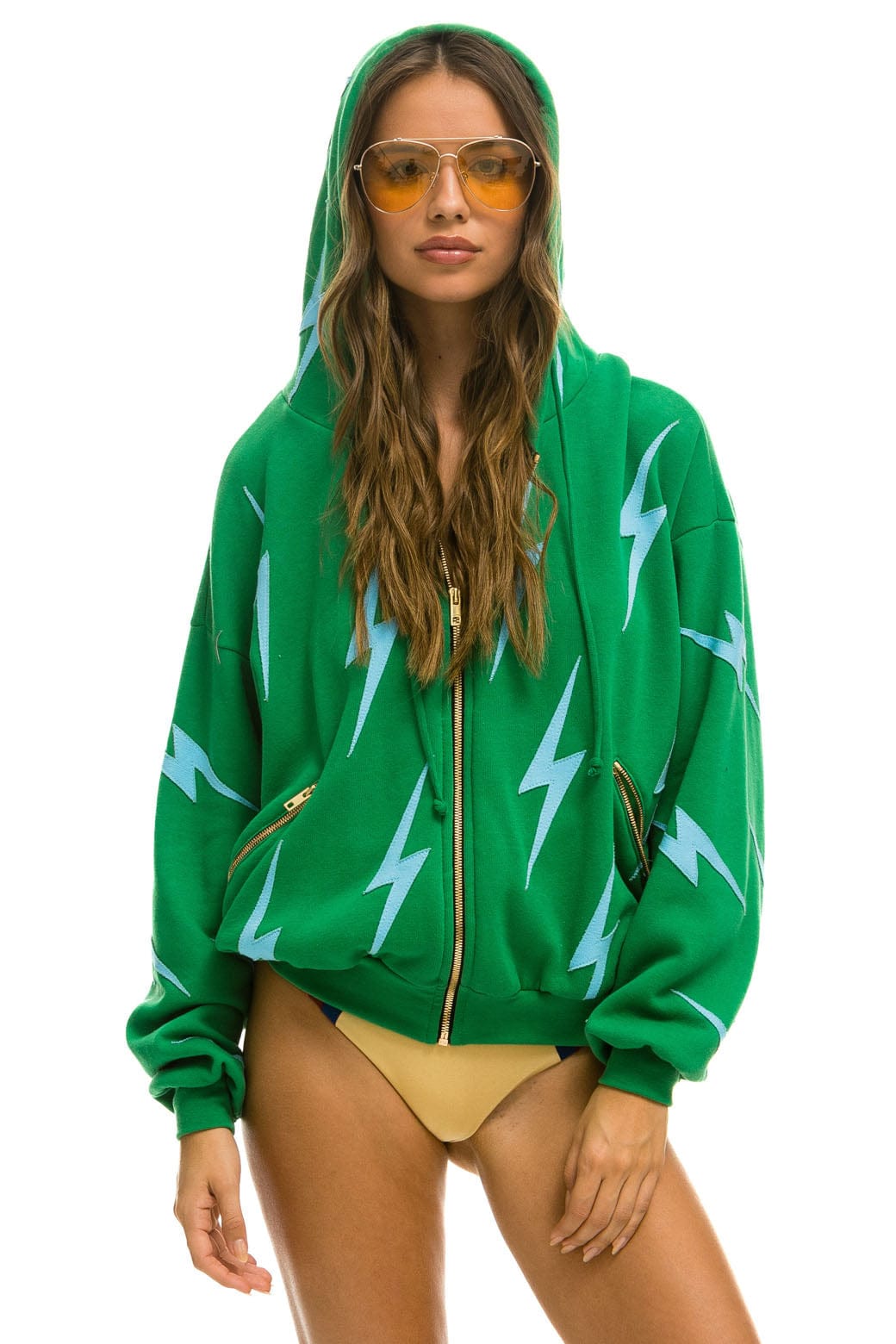 Classic BOLT STITCH REPEAT RELAXED ZIP HOODIE WITH POCKET ZIPPERS - KELLY GREEN BLUE