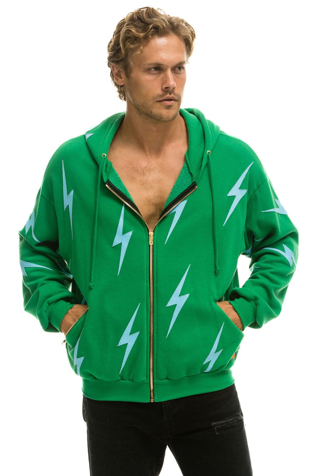 Classic BOLT STITCH REPEAT RELAXED ZIP HOODIE WITH POCKET ZIPPERS - KELLY GREEN BLUE