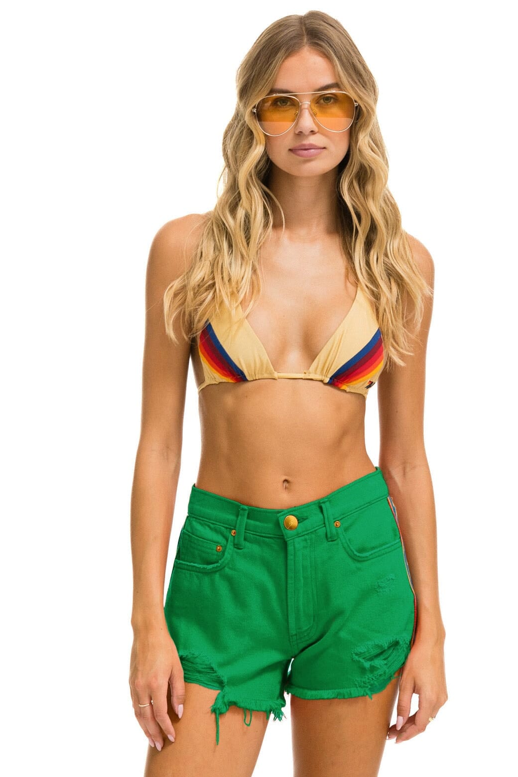 Classic BOLT STRIPE BOYFRIEND CUTOFF JEAN SHORTS - KELLY GREEN