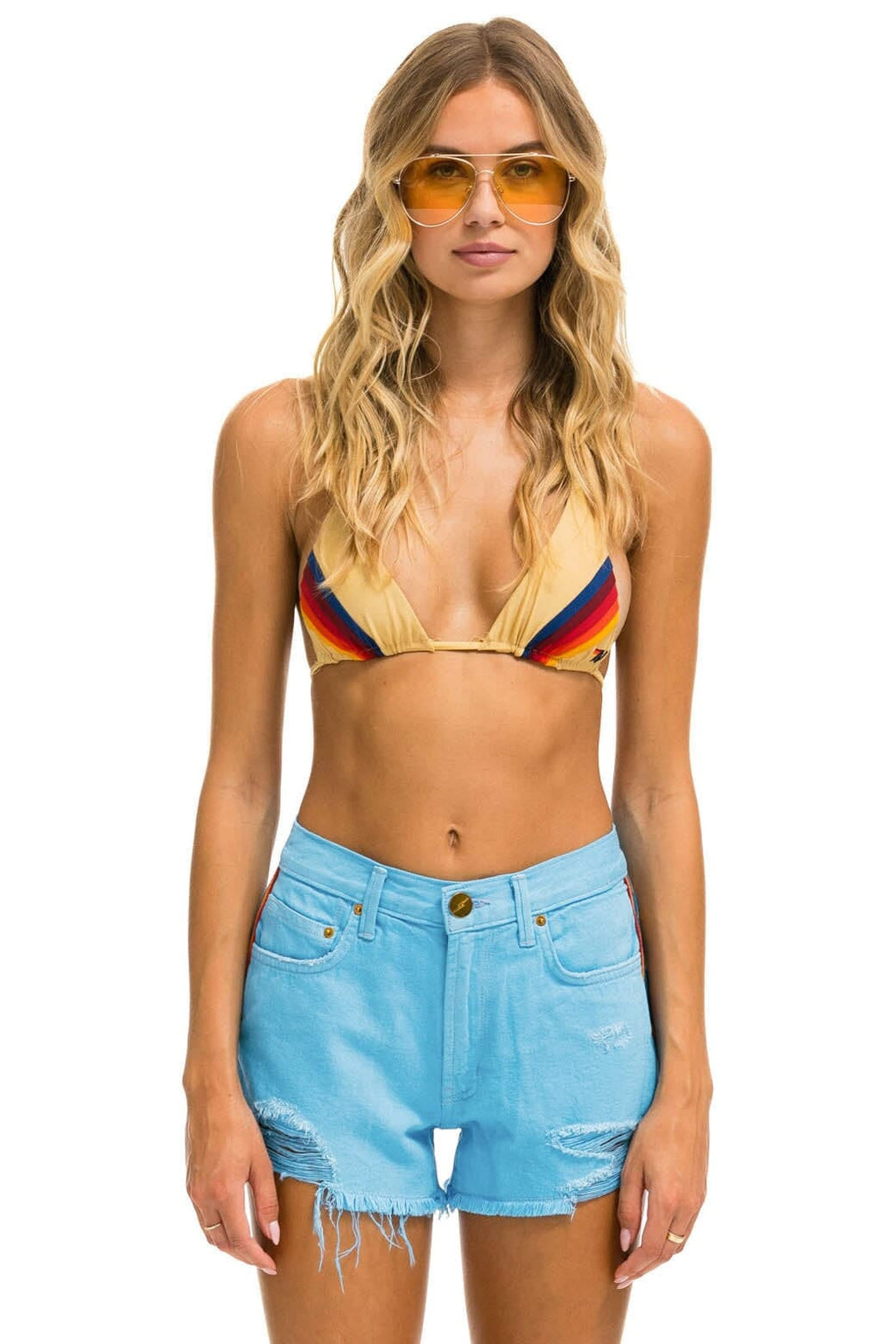 Classic BOLT STRIPE BOYFRIEND CUTOFF JEAN SHORTS - SKY