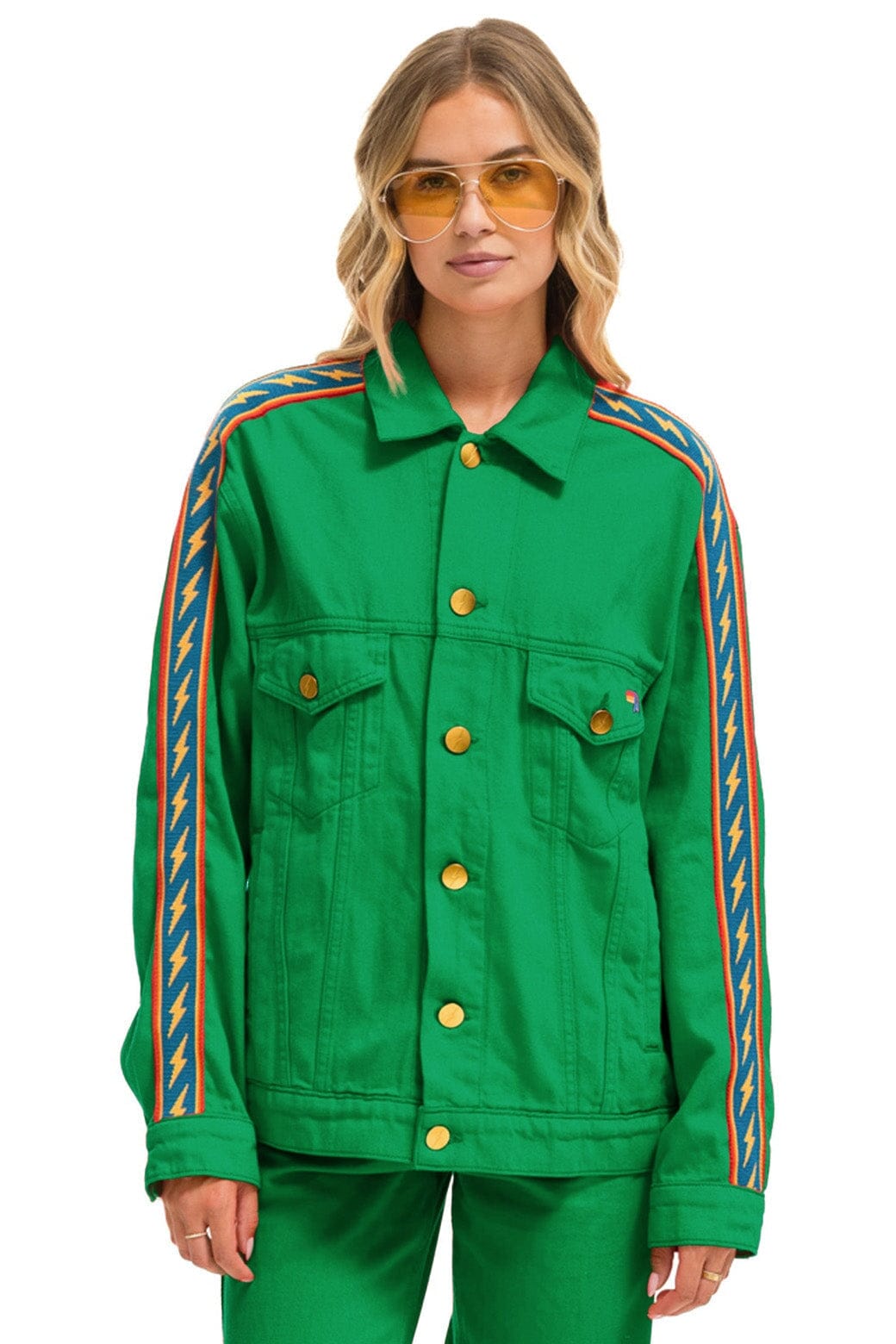 Classic BOLT STRIPE OVERSIZED CONCERT DENIM JACKET - KELLY GREEN