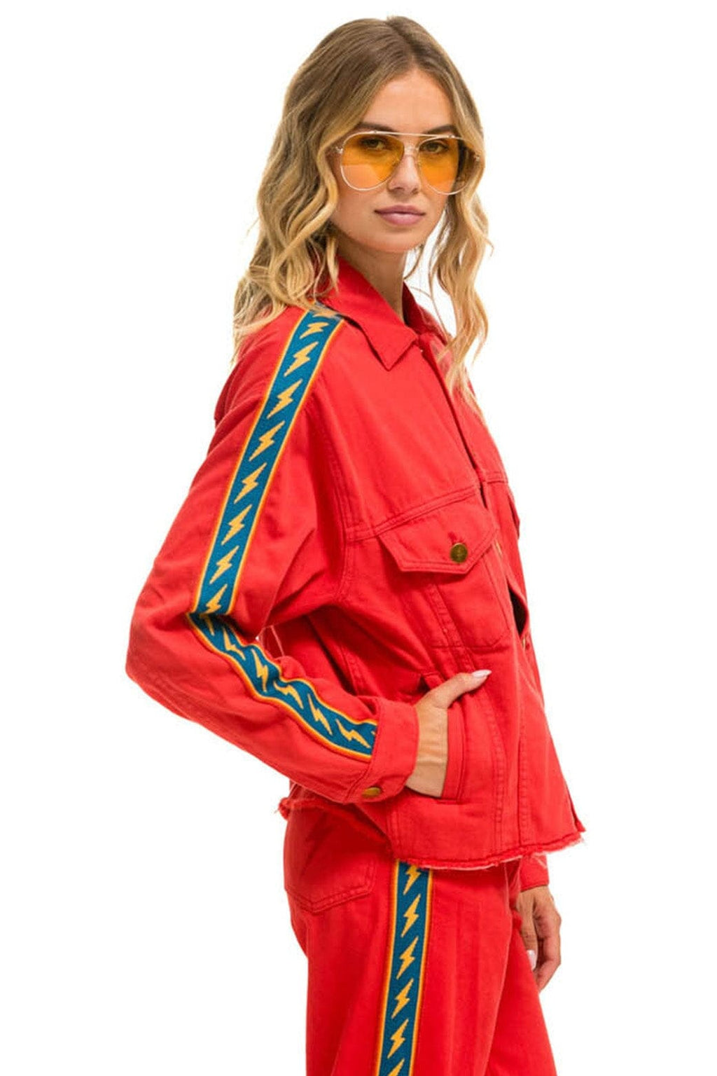 Classic BOLT STRIPE OVERSIZED CUTOFF DENIM JACKET - RED