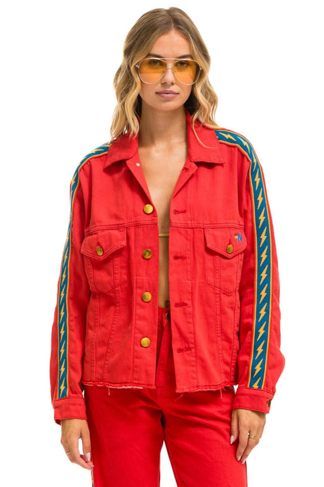 Classic BOLT STRIPE OVERSIZED CUTOFF DENIM JACKET - RED