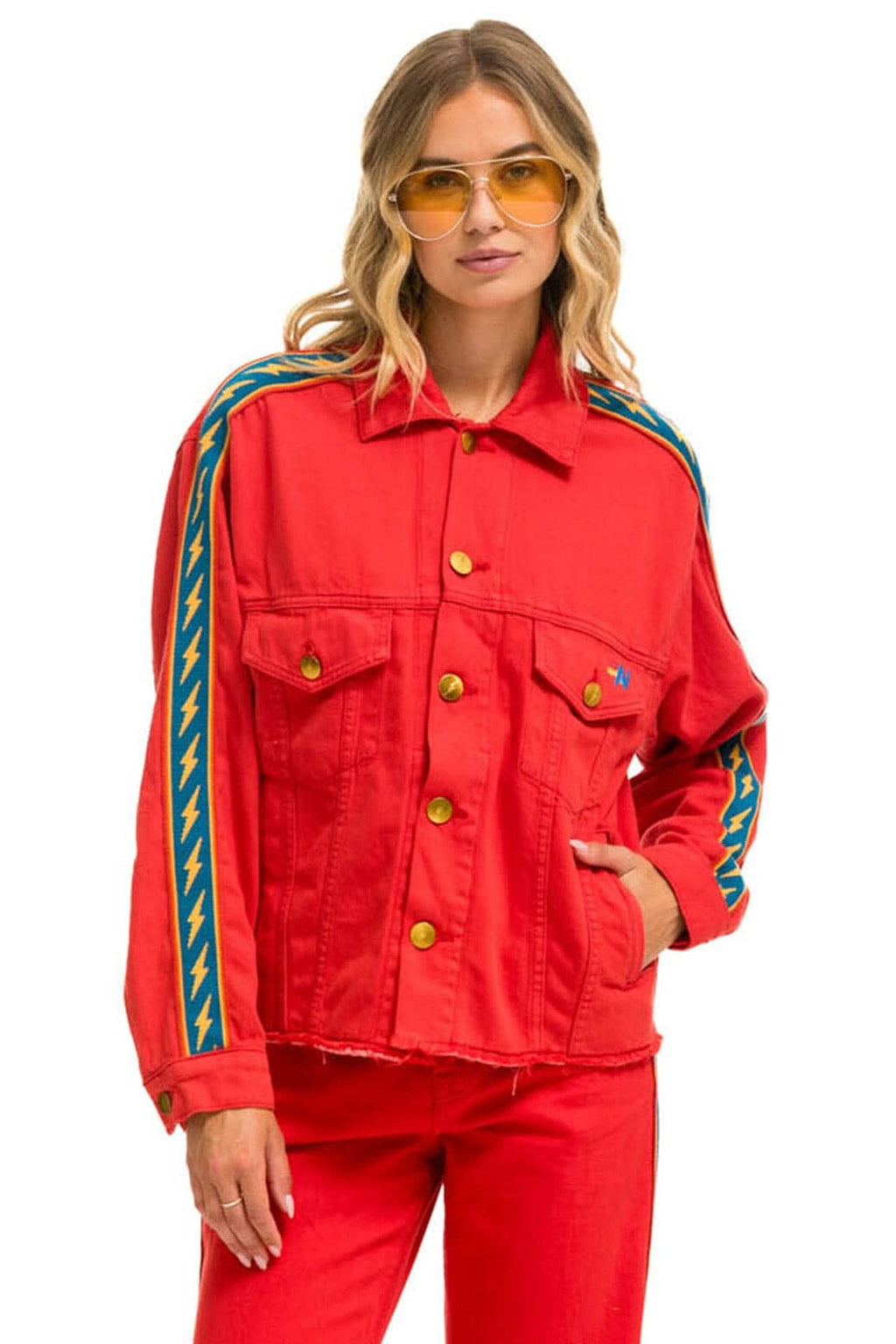 Classic BOLT STRIPE OVERSIZED CUTOFF DENIM JACKET - RED