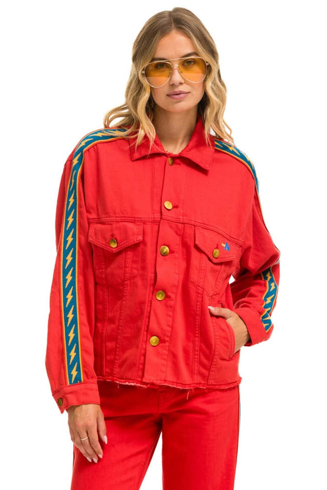 Classic BOLT STRIPE OVERSIZED CUTOFF DENIM JACKET - RED