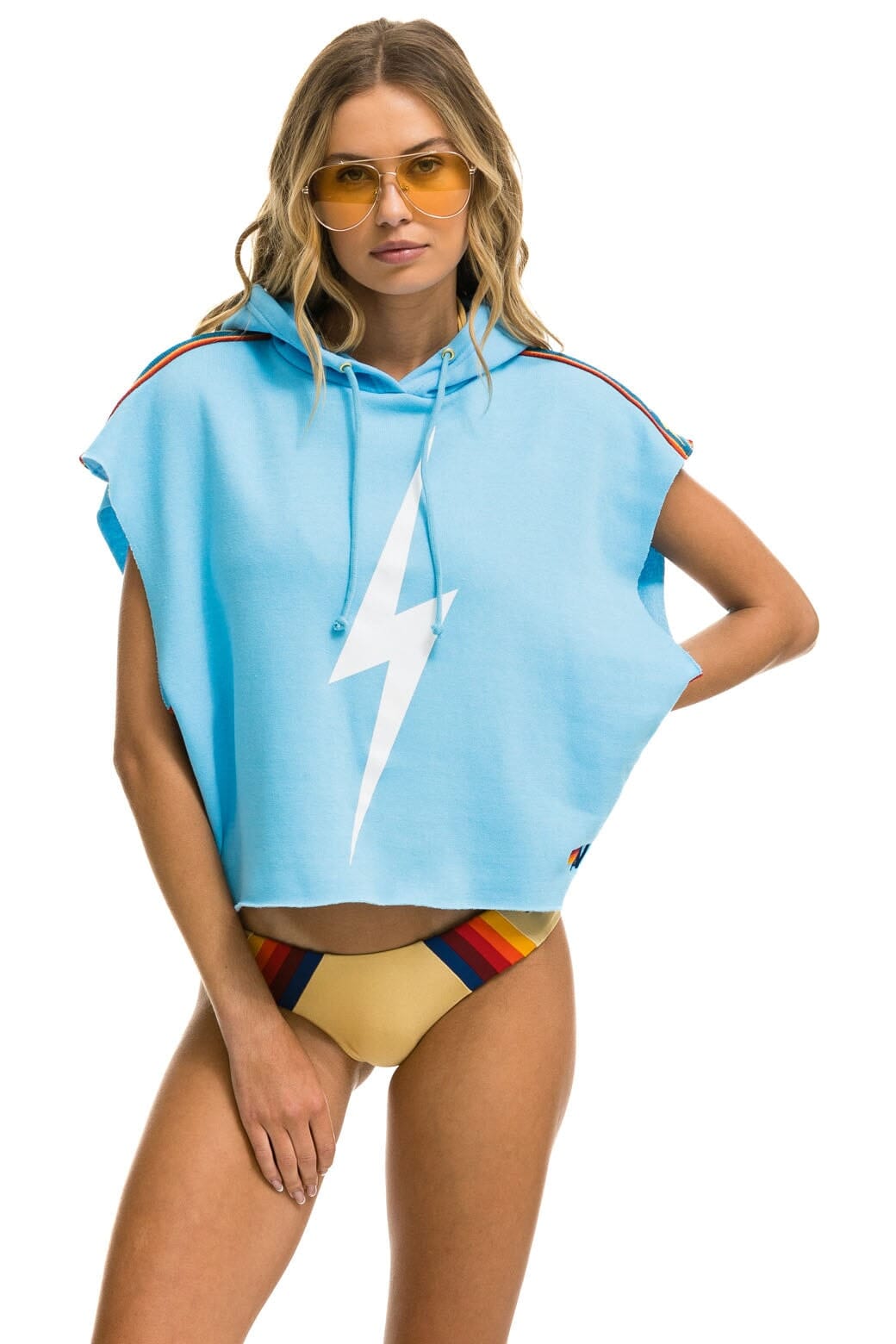 Classic BOLT STRIPE SLEEVELESS RELAXED CROPPED PULLOVER HOODIE - SKY