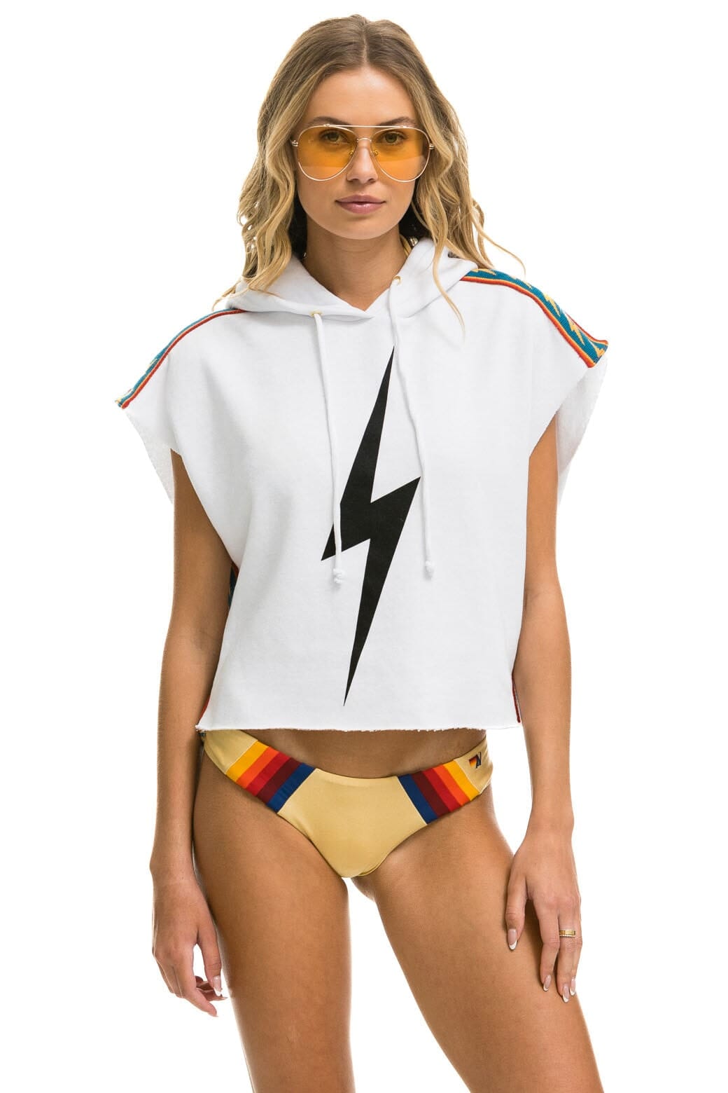 Classic BOLT STRIPE SLEEVELESS RELAXED CROPPED PULLOVER HOODIE - WHITE