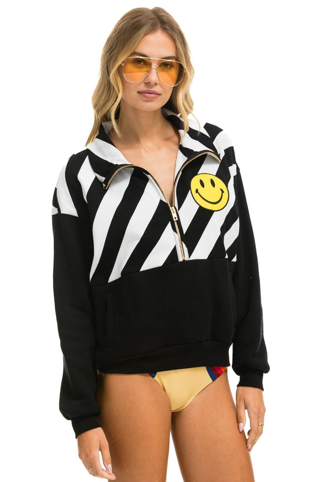 Classic CAUTION SMILEY 2 EMBROIDERY FLEECE HALF ZIP SWEATSHIRT - BLACK WHITE