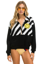 Classic CAUTION SMILEY 2 EMBROIDERY FLEECE HALF ZIP SWEATSHIRT - BLACK WHITE
