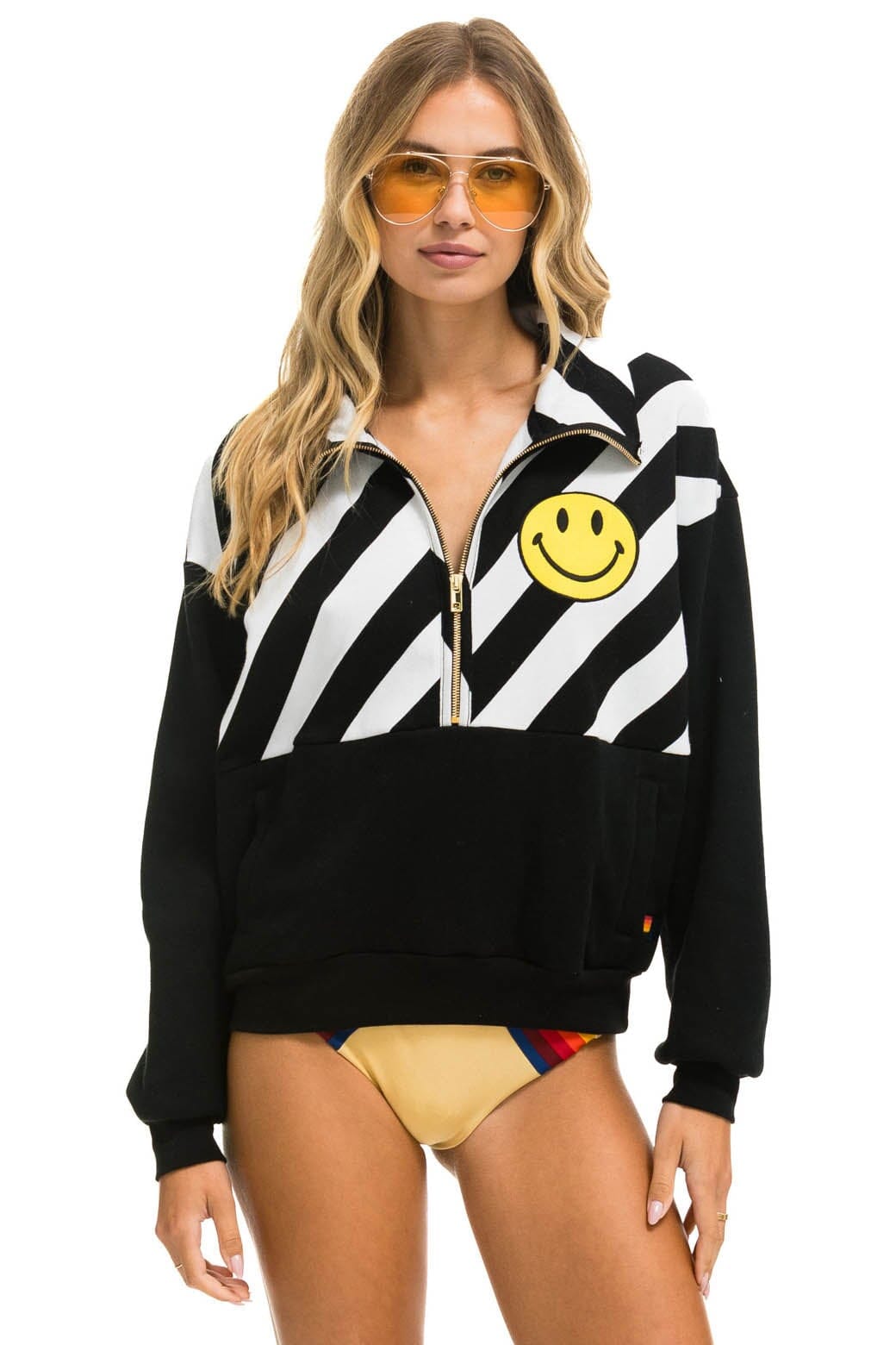 Classic CAUTION SMILEY 2 EMBROIDERY FLEECE HALF ZIP SWEATSHIRT - BLACK WHITE