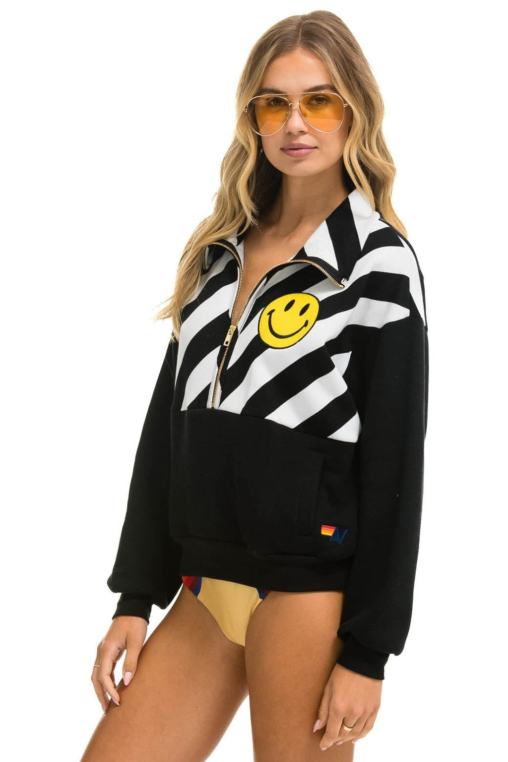 Classic CAUTION SMILEY 2 EMBROIDERY FLEECE HALF ZIP SWEATSHIRT - BLACK WHITE