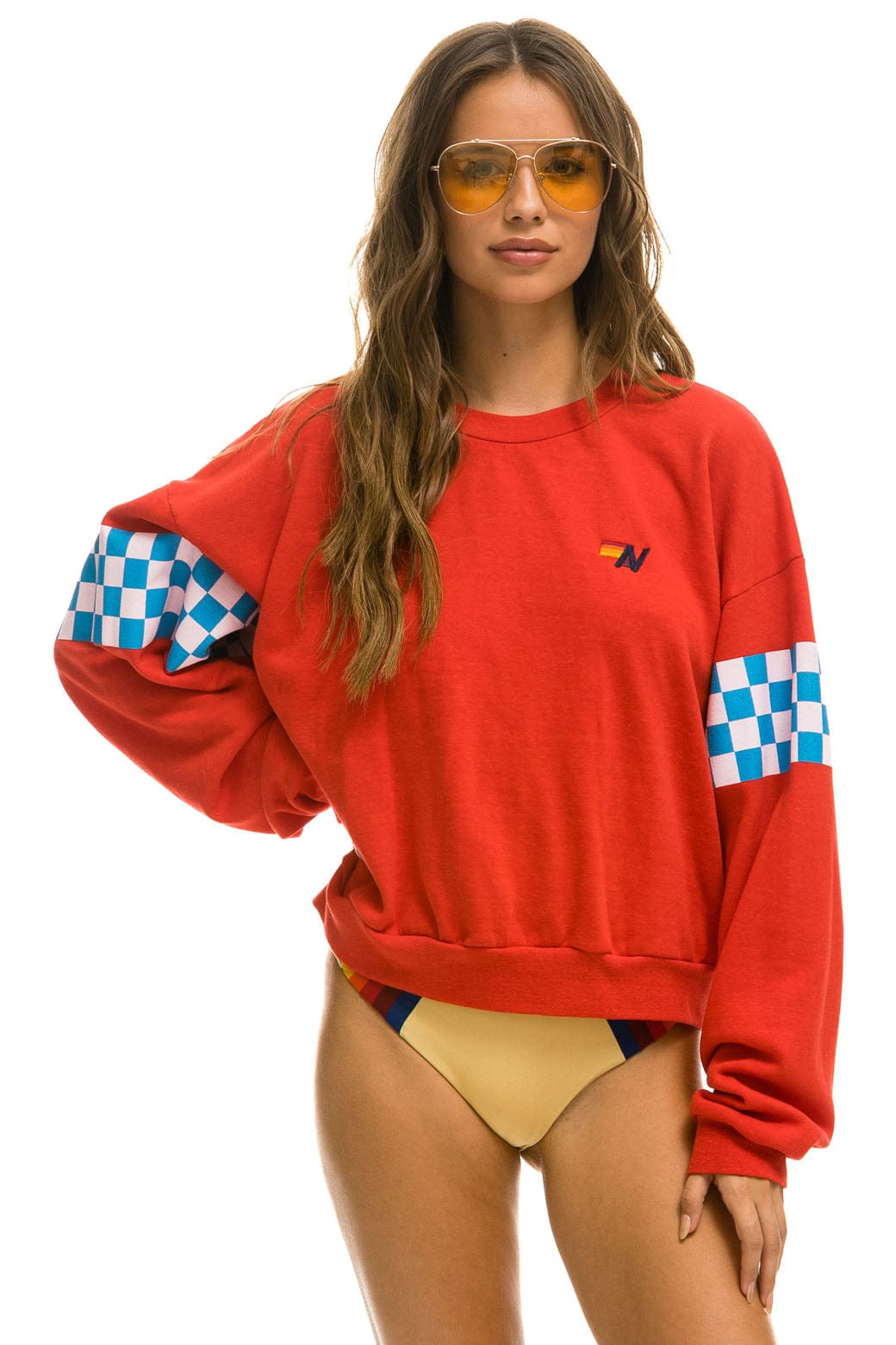 Classic CHECK 2 SLEEVE RELAXED CREW SWEATSHIRT - RED WHITE BLUE