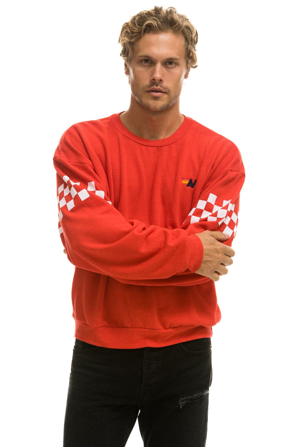 Classic CHECK 2 SLEEVE RELAXED CREW SWEATSHIRT - RED WHITE